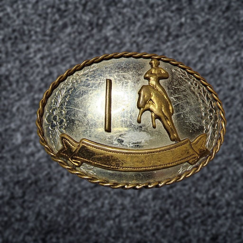 Vintage VINTAGE Rodeo Belt Buckle Pole Bending Nickel Silver Western Belt Buckle Adult Unisex Silver 60s-00s Theme: Cowboy & Western Size ONE SIZE - 1 Thumbnail
