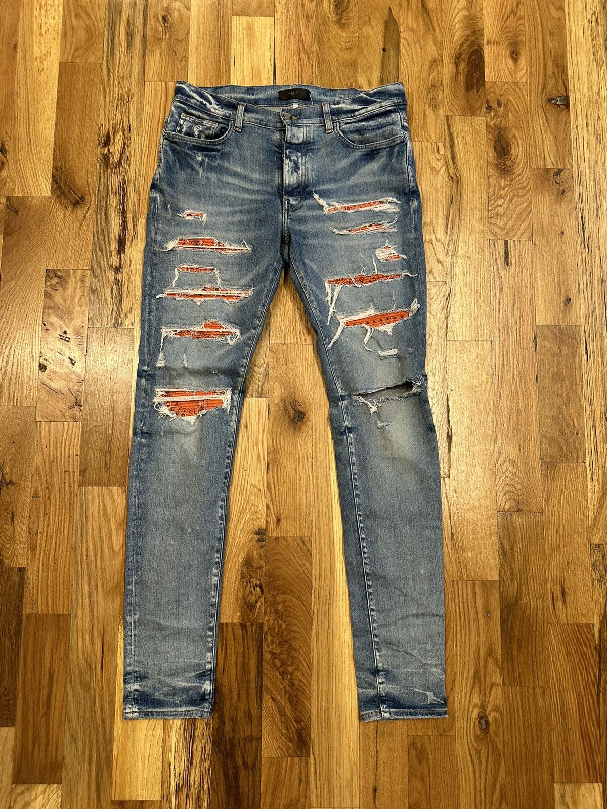 image of Amiri Mx1 Orange Paisley Patch Blue Denim Jeans Size 34, Men's