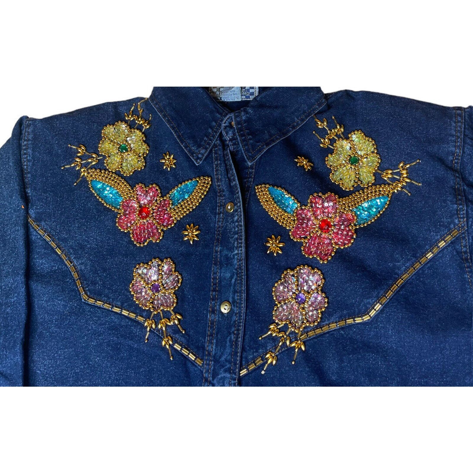 Other Vtg Jeetish Pretty Bleu Blue Denim Beaded Sequin Shirt S Size S / US 4 / IT 40 - 4 Thumbnail