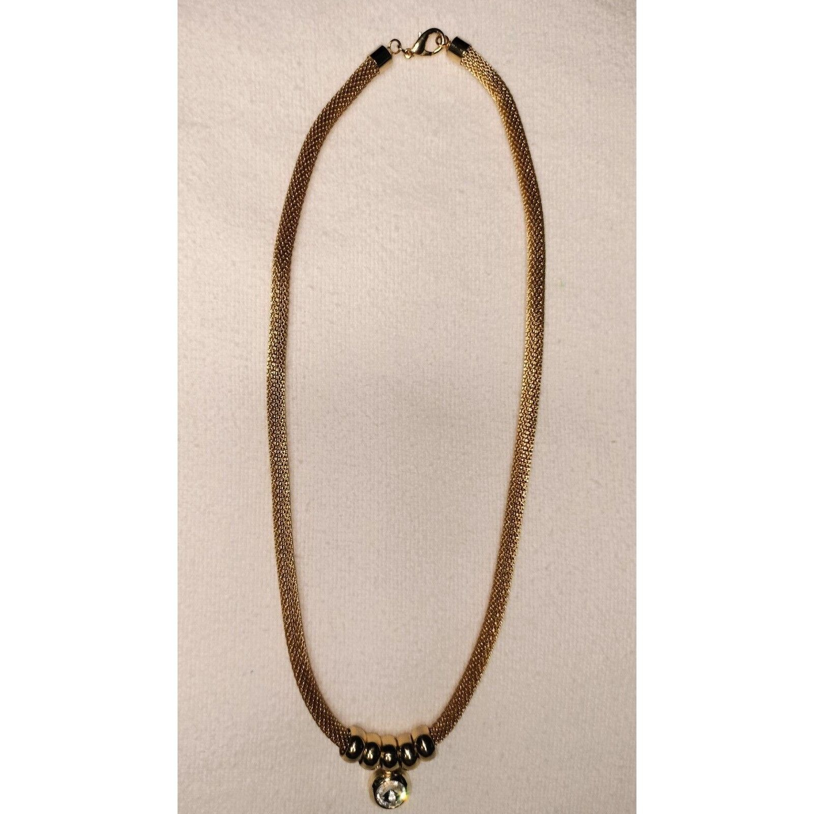 Vintage Gold Tone Metal Mesh Tube Necklace Ring Stoned Pendant Circa Size ONE SIZE - 16 Thumbnail