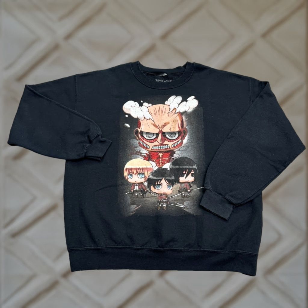 Vintage Attack On Titan Graphic Pullover Sweatshirt Mens Large Black Eren Mikasa Anime Shirt Size US L / EU 52-54 / 3 - 1 Thumbnail