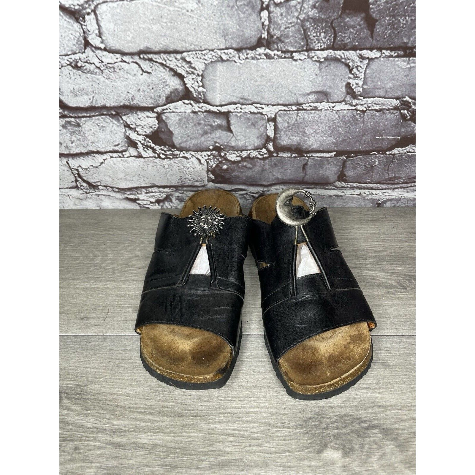 Other Think! Black Leather Cork Sun Moon Silver Wedge Sandals Wome Size US 6.5 / IT 36.5 - 17 Thumbnail