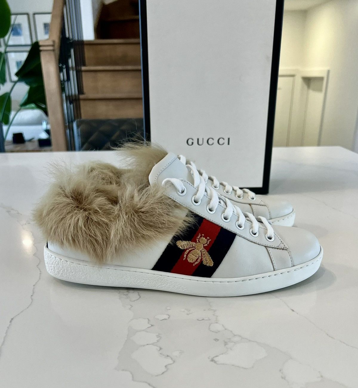 Gucci New Gucci Ace Lamb Fur Bee Embroidered Leather G 7 US 8 Size US 8 / EU 41 - 8 Thumbnail