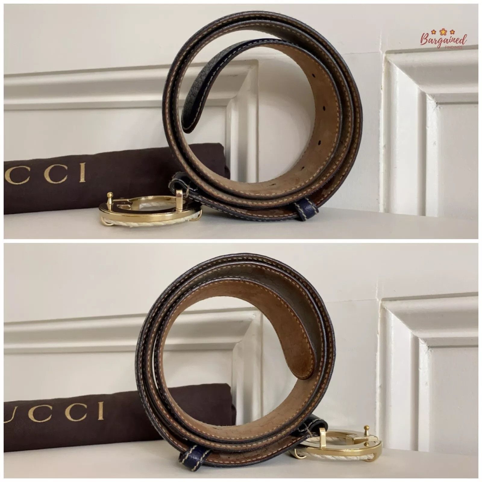 Gucci GUCCI Navy Calfskin Leather Gold Braided G Logo Buckle Belt Size 32 - 5 Thumbnail