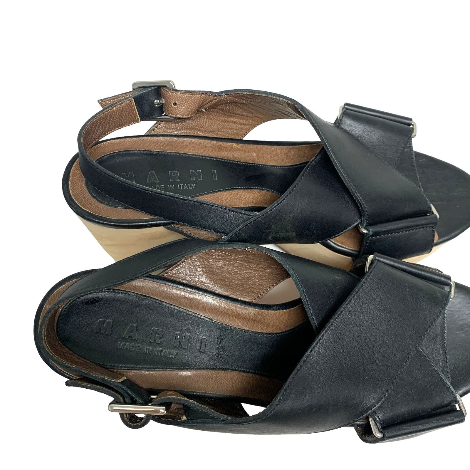 Marni Marni Womens Size 39 Black Leather Wood Platform Sandals Size US 9 / IT 39 - 9 Thumbnail