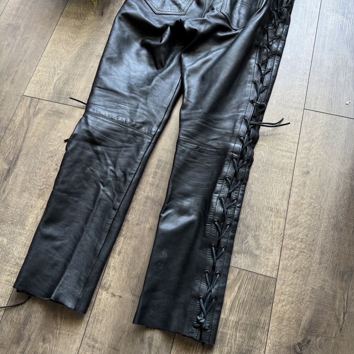 Genuine Leather × Harley Davidson × Vintage Crazy Heavyweight Leather Lace Up Motorcycle Pants Vintage Size US 37 - 10 Thumbnail