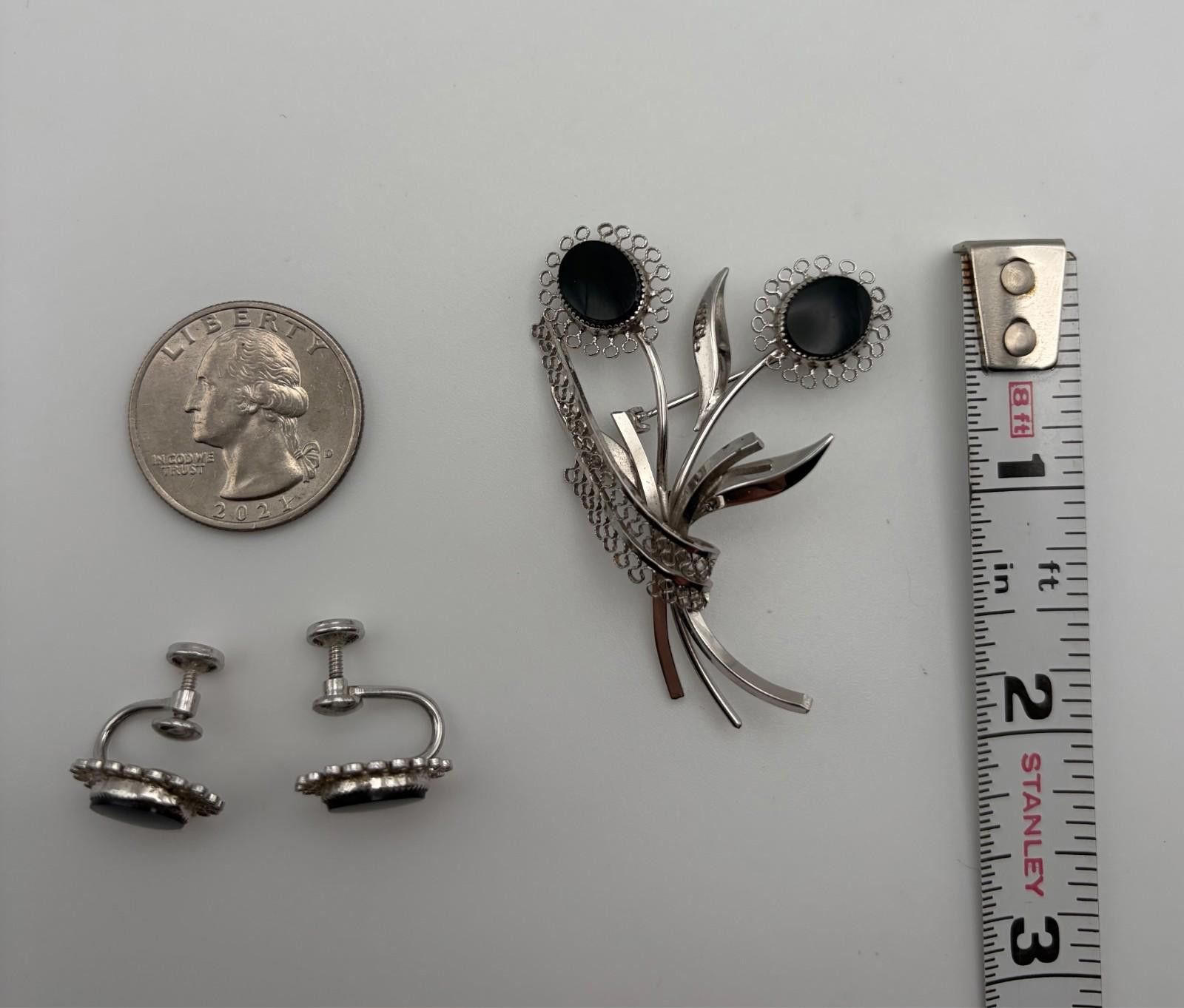 Other Star Art 925 Silver Black Onyx Brooch & Screwback Earrings Size ONE SIZE - 5 Thumbnail