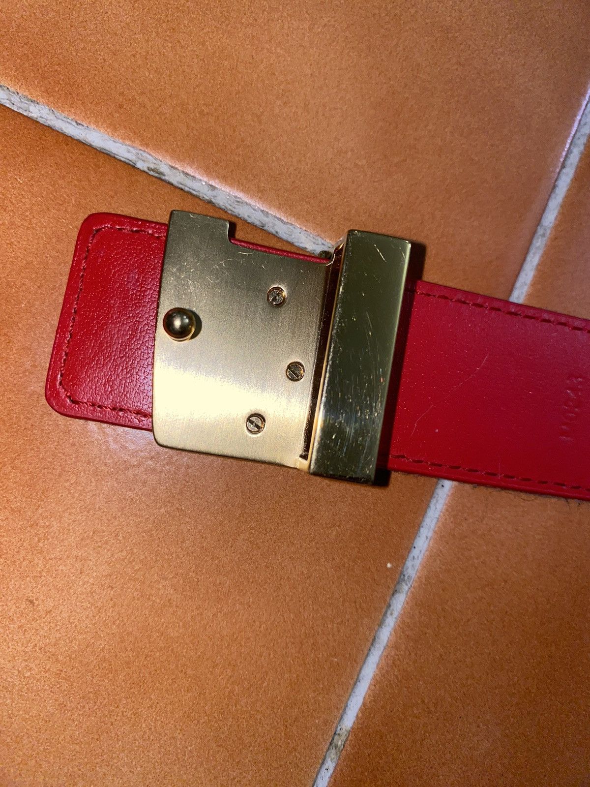 Louis Vuitton Unisex LOUIS VUITTON DENIM/RED BELT GOLD TONE HARDWARE, Size ONE SIZE - 17 Thumbnail