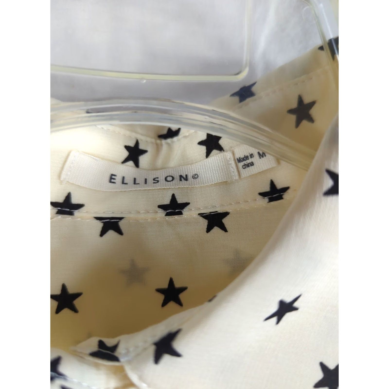 Vintage VINTAGE? No. Ellison Kali Blouse Womens Medium Beige Long Sleeve Polka Dot Star Accents Collared Button NYLON/Rayon Hand Wash Only Regular Fit Size M / US 6-8 / IT 42-44 - 3 Thumbnail