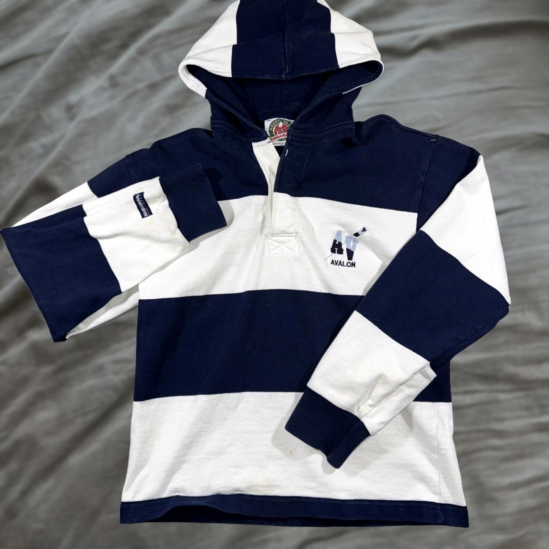Barbarian Barbarian Hoodie Mens XS Blue White Striped Rugby Jersey Avalon Logo Pullover Size US XS / EU 42 / 0 - 1 Thumbnail