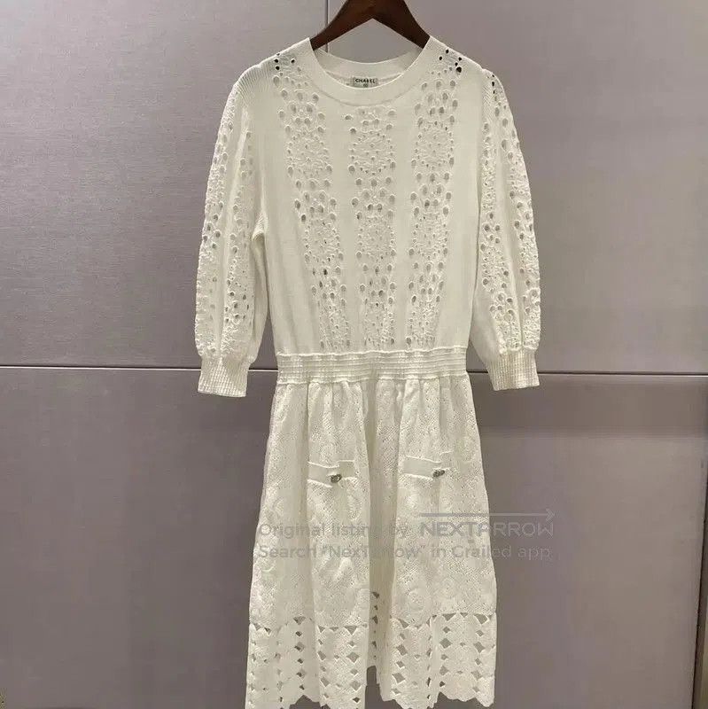 Chanel White Long Sleeve Knit Dress .