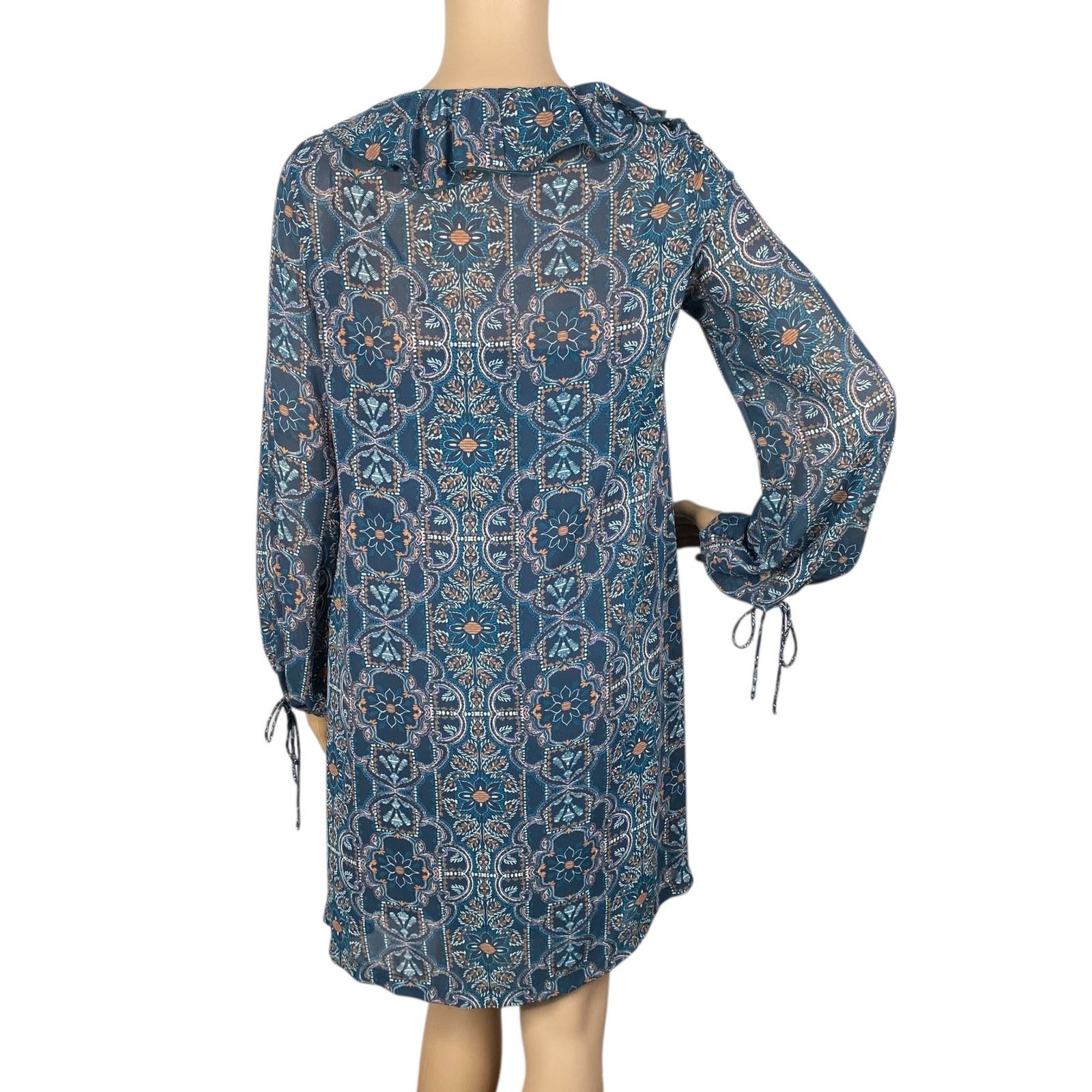 Neiman Marcus Suncoo Paris Teal Boho Ruffle Lace Up Shift Dress SZ XS Size XS / US 0-2 / IT 36-38 - 7 Thumbnail