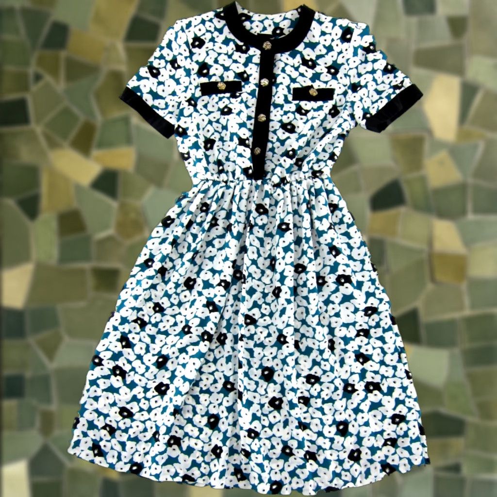 Vintage VTG Winning Ticket Green Black White Floral Short Sleeve Midi Secretary Dress 8 Size 30" / US 8 / IT 44 - 1 Thumbnail