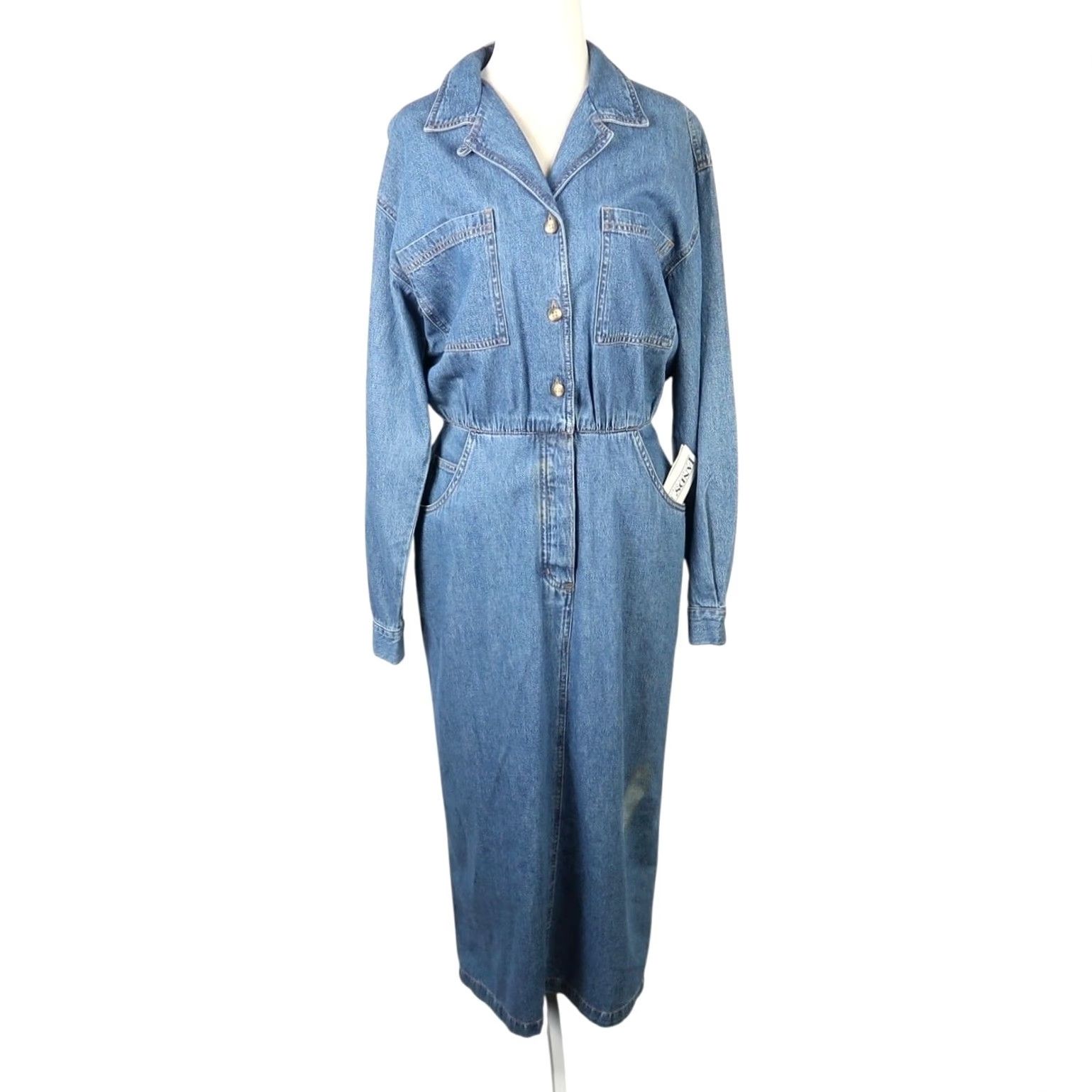 Lands' End VINTAGE Lands' End Denim Shirt Dress Midi 8, Blue, 100% Cotton, Long Sleeve, Button Front, Pockets, Casual Bohemian Western, 90s Green Size M / US 6-8 / IT 42-44 - 2 Thumbnail