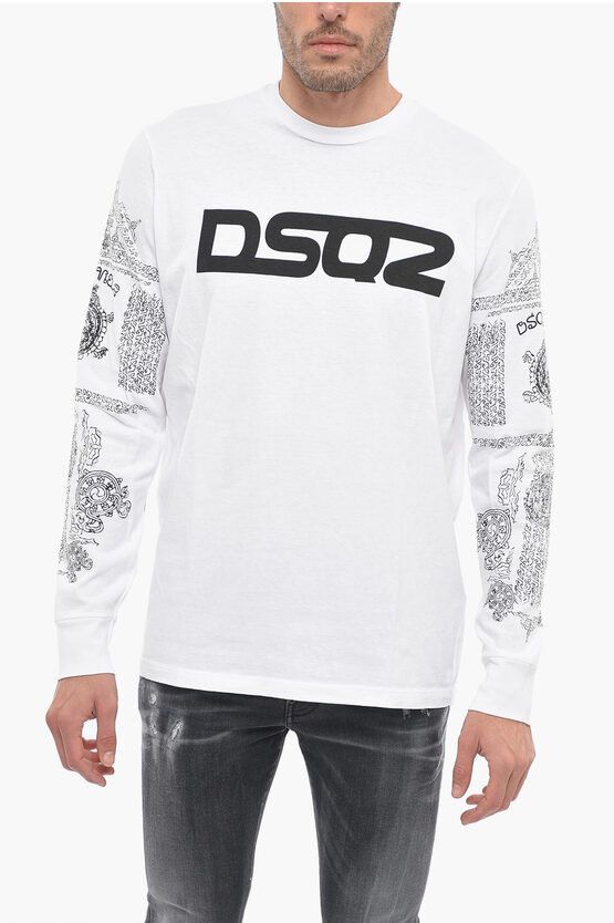 image of Dsquared2 Crew Neck Cotton T-Shirt With Printed Sleeves in White, Men's (Size XL)