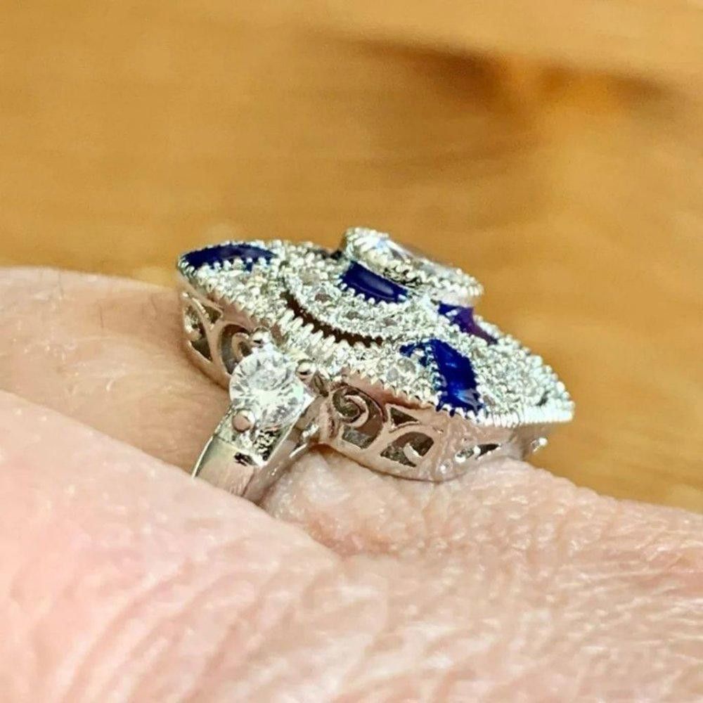Designer 925 Sterling Silver Blue Geometric Art Deco Ring - Size 7 Size ONE SIZE - 8 Thumbnail