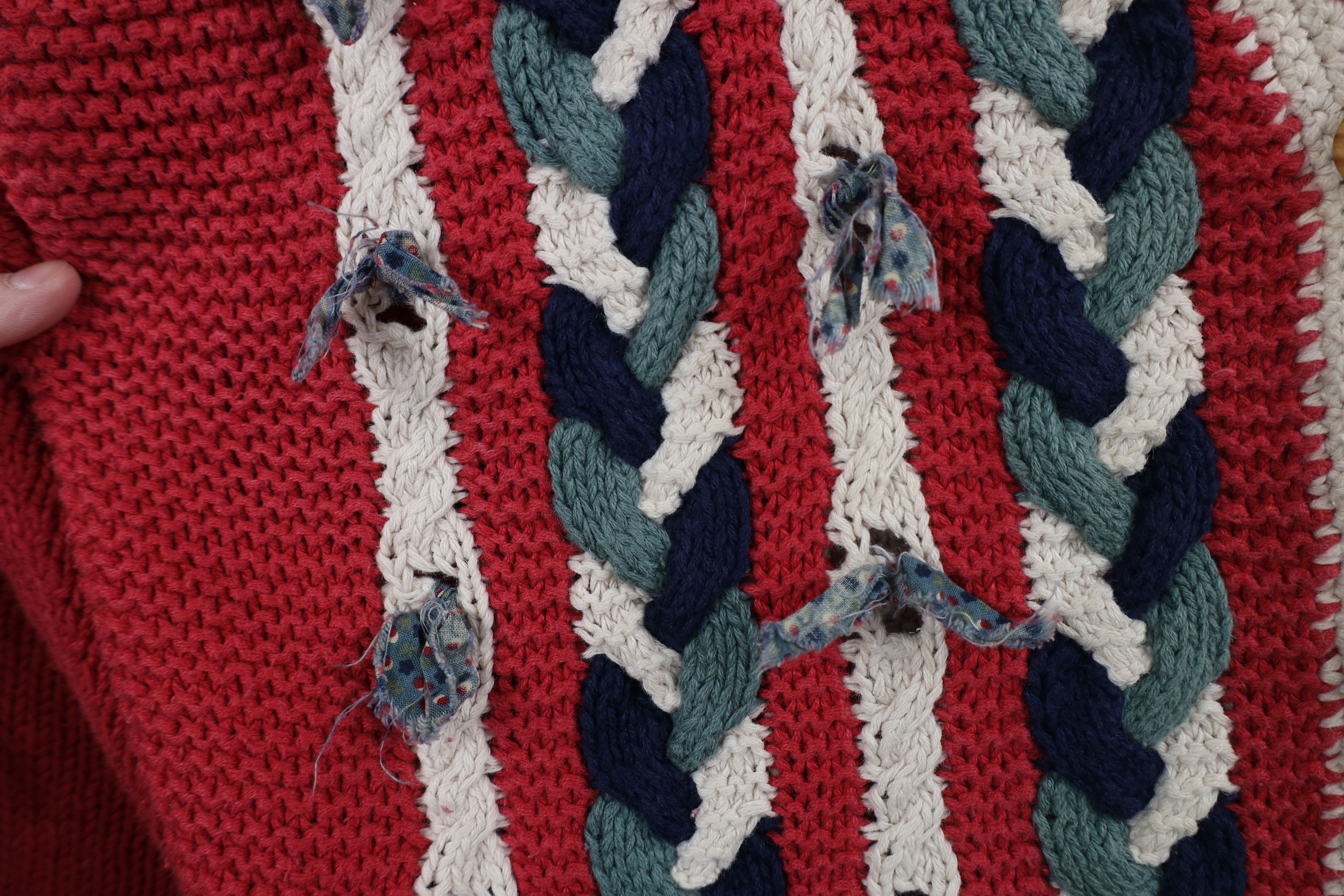Vintage Vintage 90s Quilt Strip Fringed Chunky Knit Cardigan Sweater Size XL / US 12-14 / IT 48-50 - 6 Thumbnail