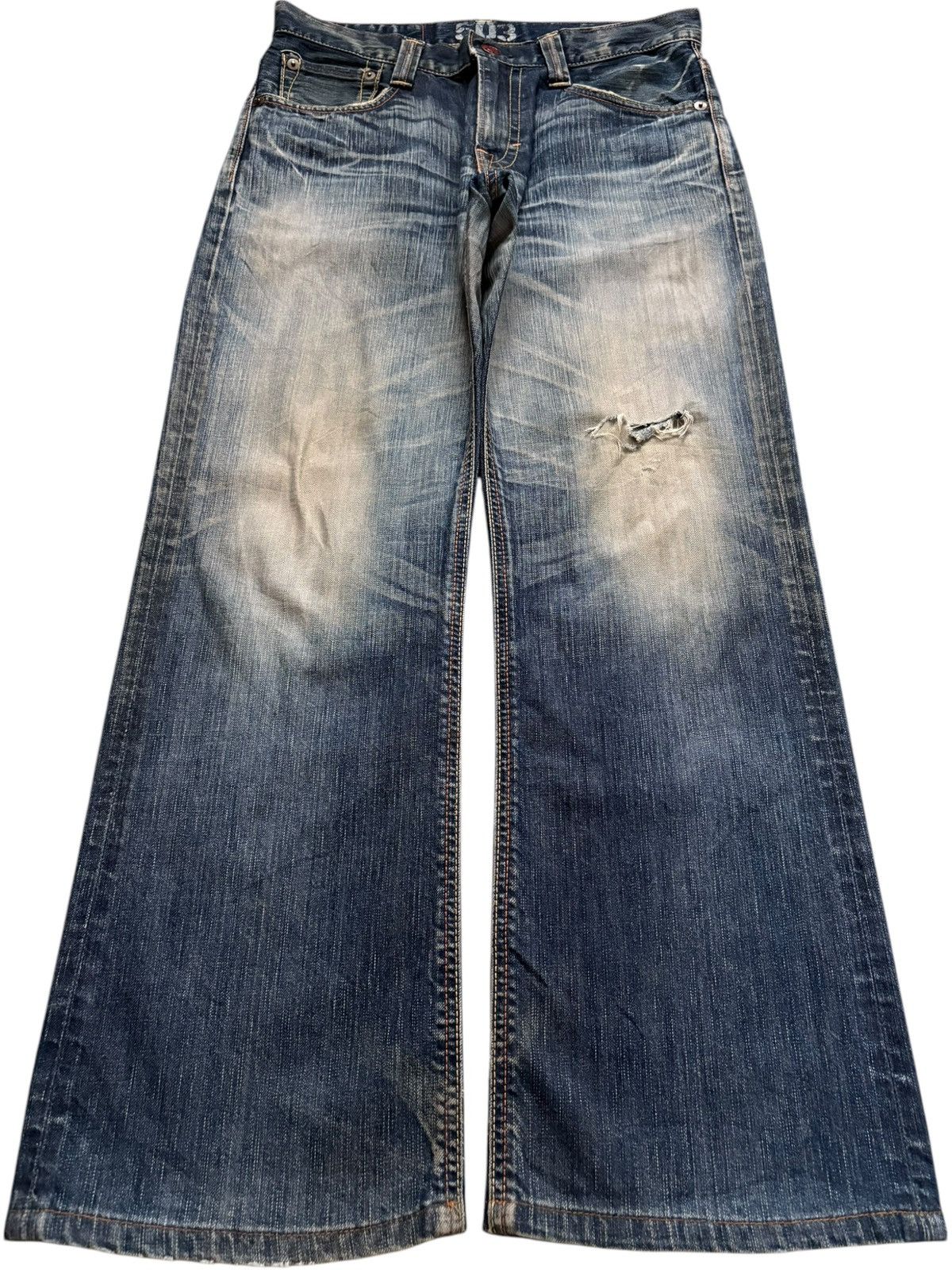 Edwin × Japanese Brand Vintage Japanese Edwin Faded Mud Wash Distress Flare Jeans Size US 33 - 1 Thumbnail