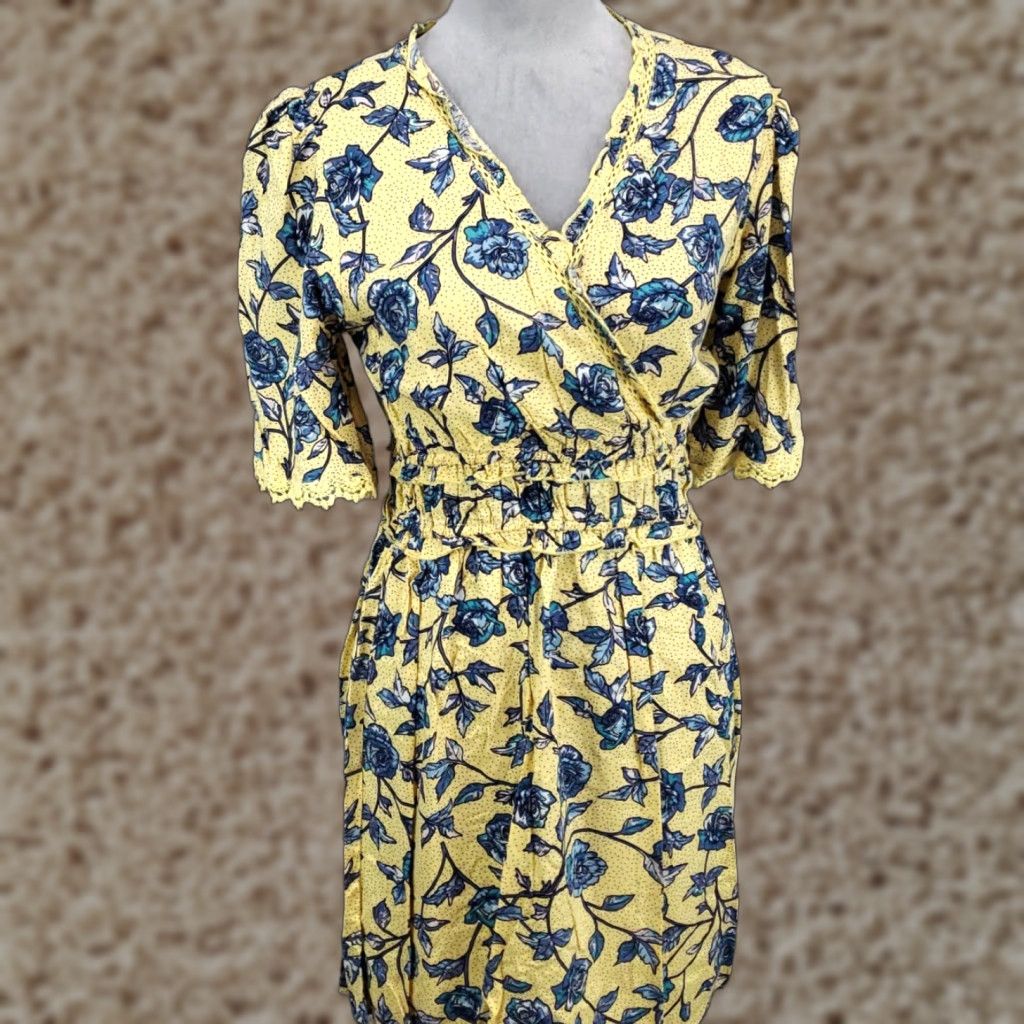 Vintage ANGIE Floral Dress Mini V-Neck Short Sleeve Women Medium Yellow Blue NWT Size M / US 6-8 / IT 42-44 - 1 Thumbnail