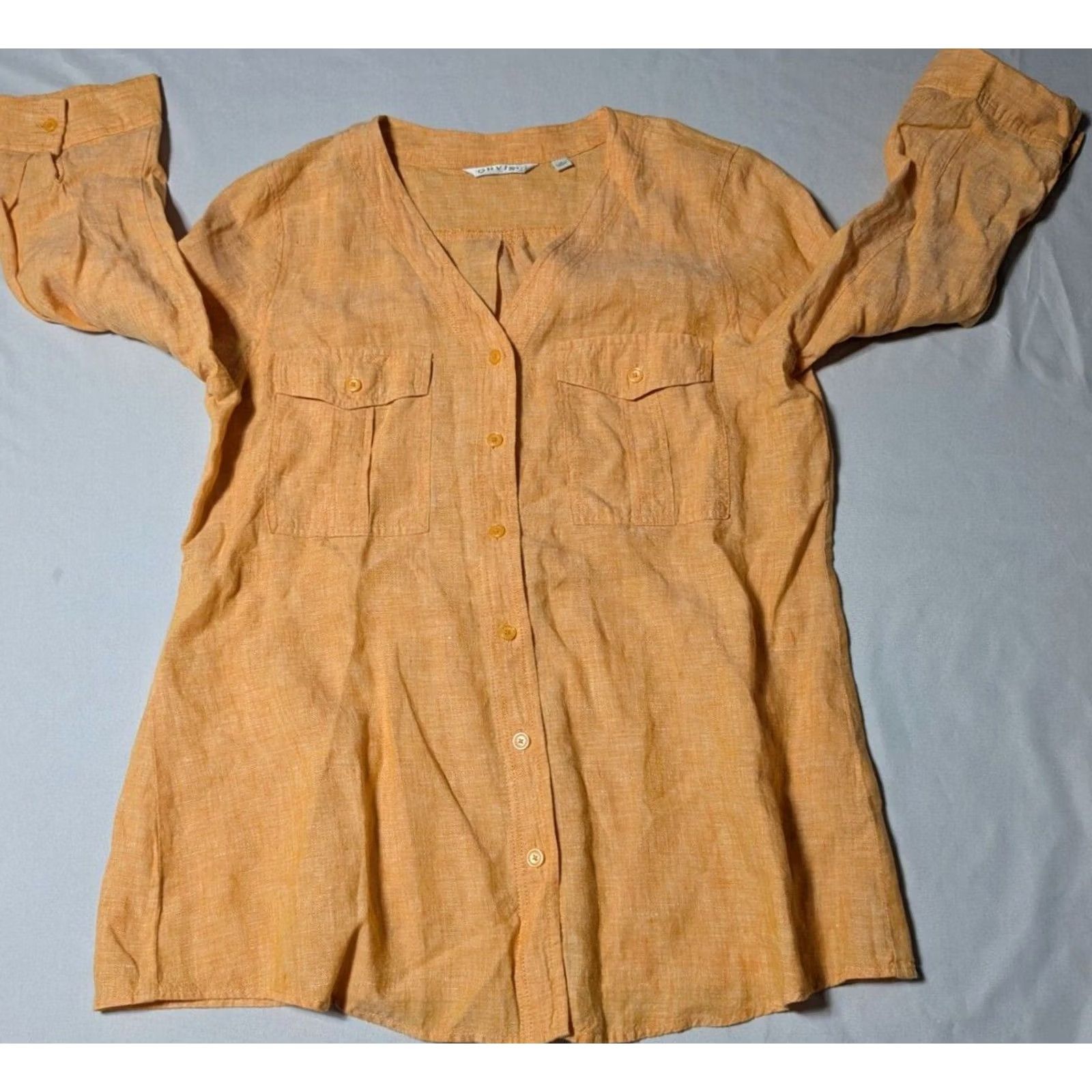 Orvis Orvis Linen Women Medium Orange V-Neck 3/4 Sleeves Button-Up Shirt Size M / US 6-8 / IT 42-44 - 7 Thumbnail