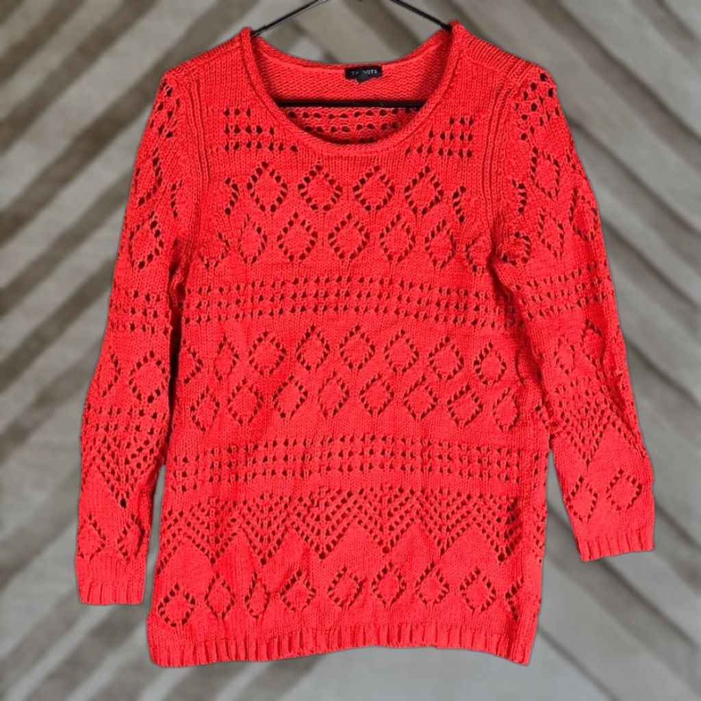 Talbots Talbots Womens Sweater Red Open Knit Diamond Pattern Small Crew Neck Knit Cotton Blend Open-Knit Casual Womens Size S / US 4 / IT 40 - 1 Thumbnail