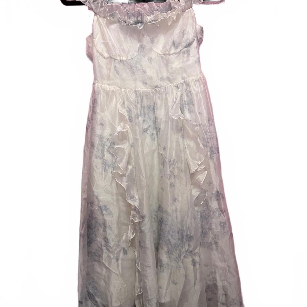 Designer Elegant Ruffled Maxi Dress - Light Blue Marble Design Size S / US 4 / IT 40 - 2 Thumbnail