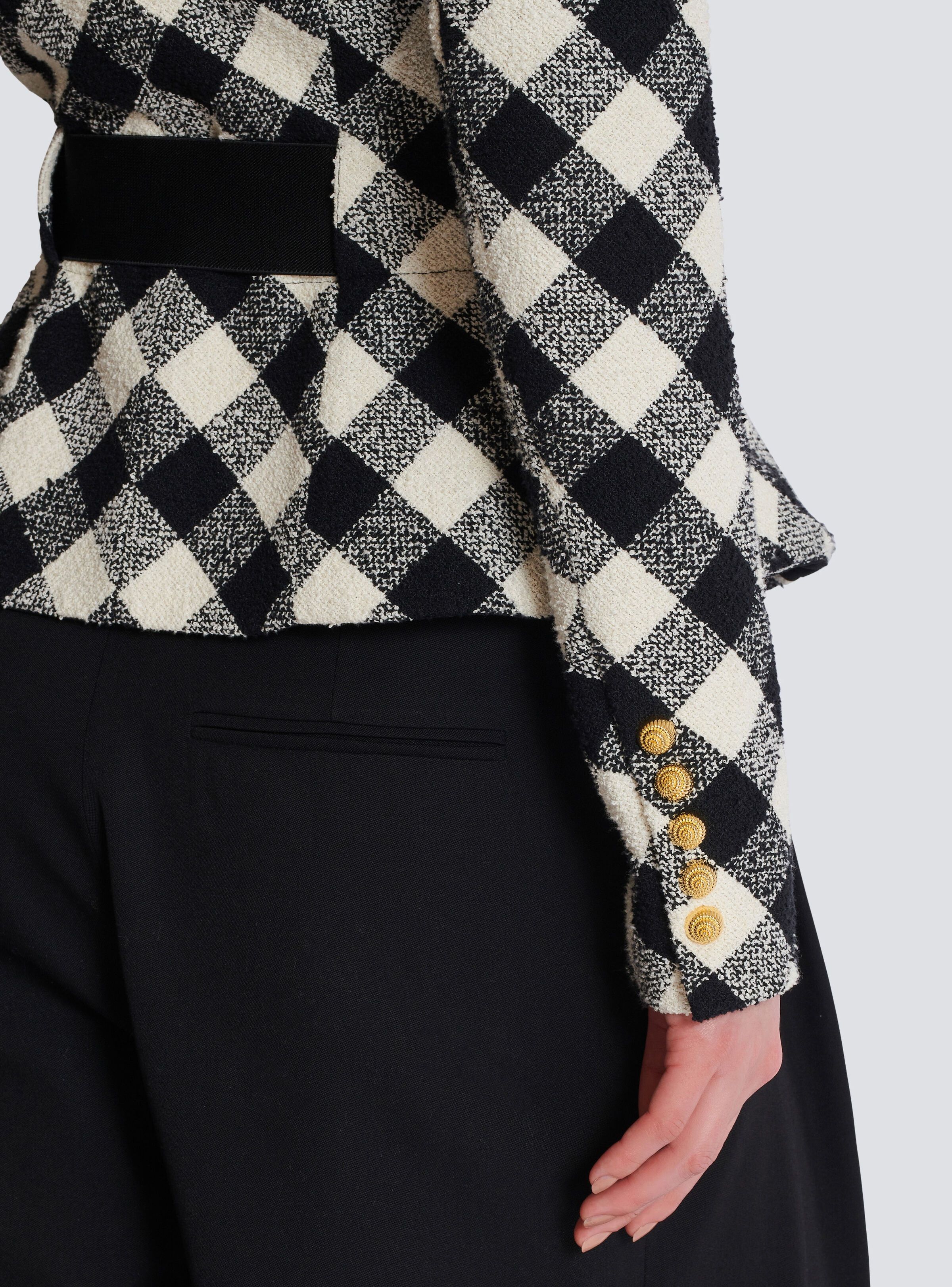Balmain o1s1wg111025 Belted Gingham Tweed Jacket in Black/White Size L / US 10 / IT 46 - 6 Thumbnail