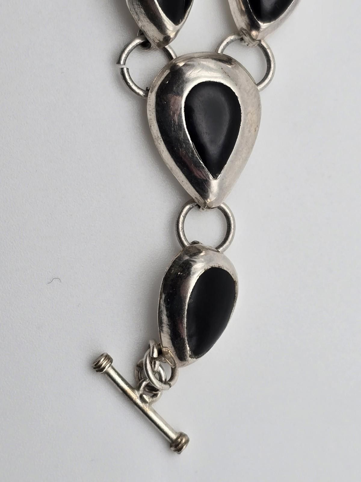 Sterling Silver Vintage Mexican Onyx Sterling Silver Flower Bracelet 32g Size ONE SIZE - 5 Thumbnail