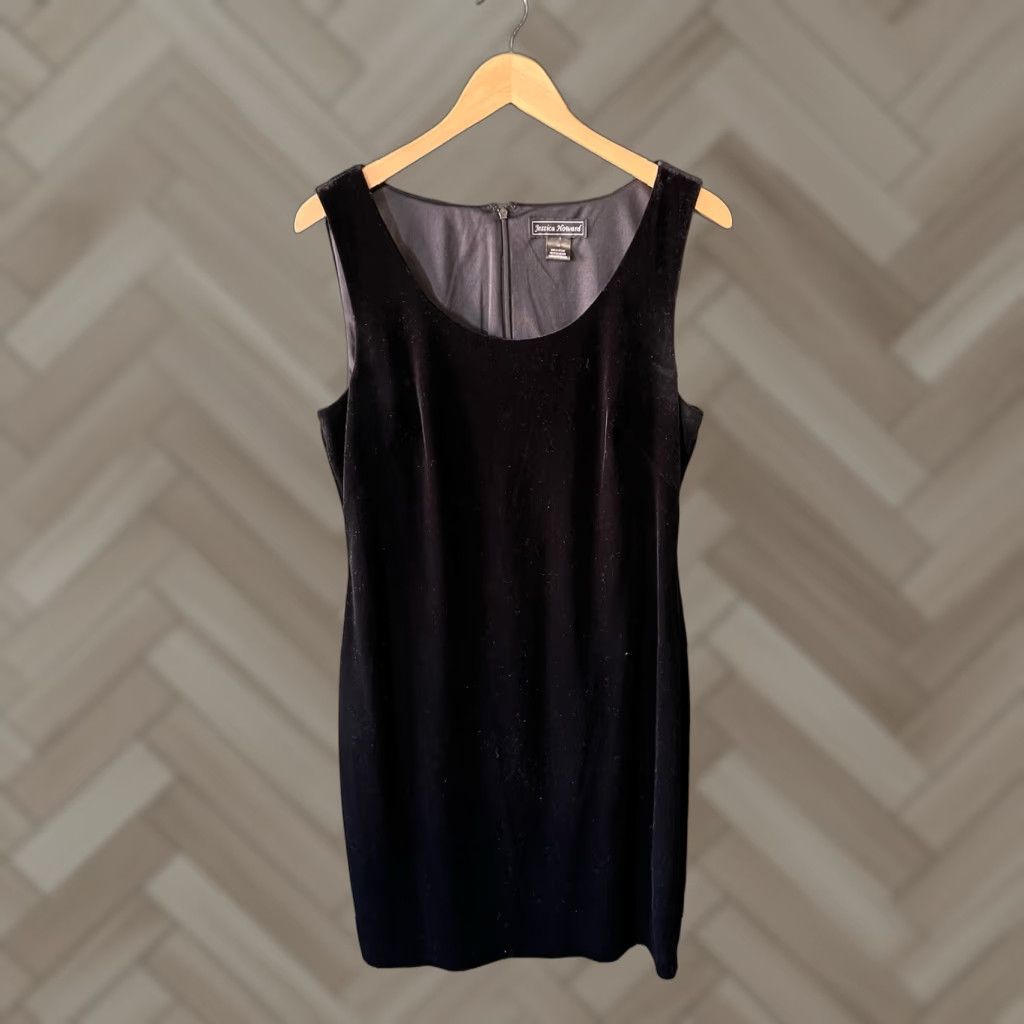 Vintage Jessica Howard Womens Sleeveless Black Velour Dress Size 14 Knee Length Short Slip Dress Size 36" / US 14 / IT 50 - 1 Thumbnail
