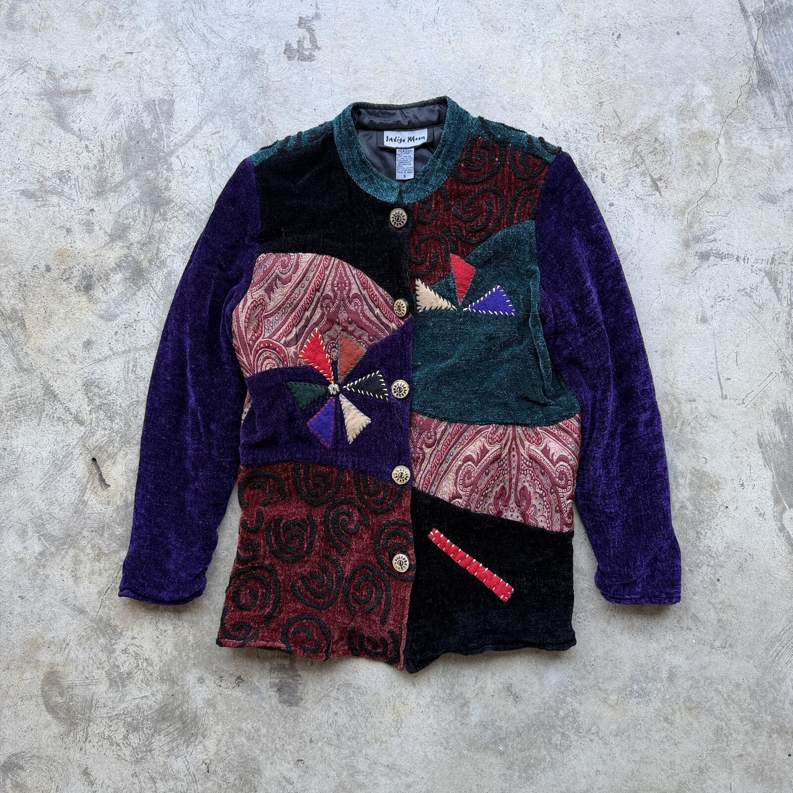 Other Vintage 80s Indigo Moon Patchwork Velvet Jacket Small Size S / US 4 / IT 40 - 1 Thumbnail