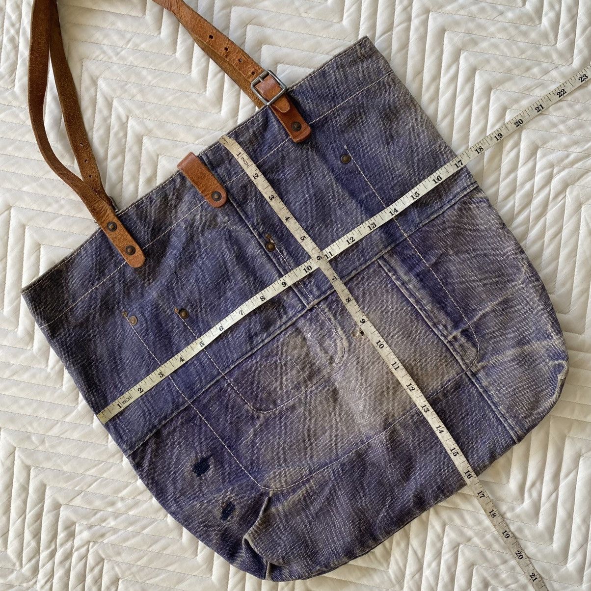 Japanese Brand Custom Made Denim Tote Bag– Vintage Patina Look Size ONE SIZE - 6 Thumbnail