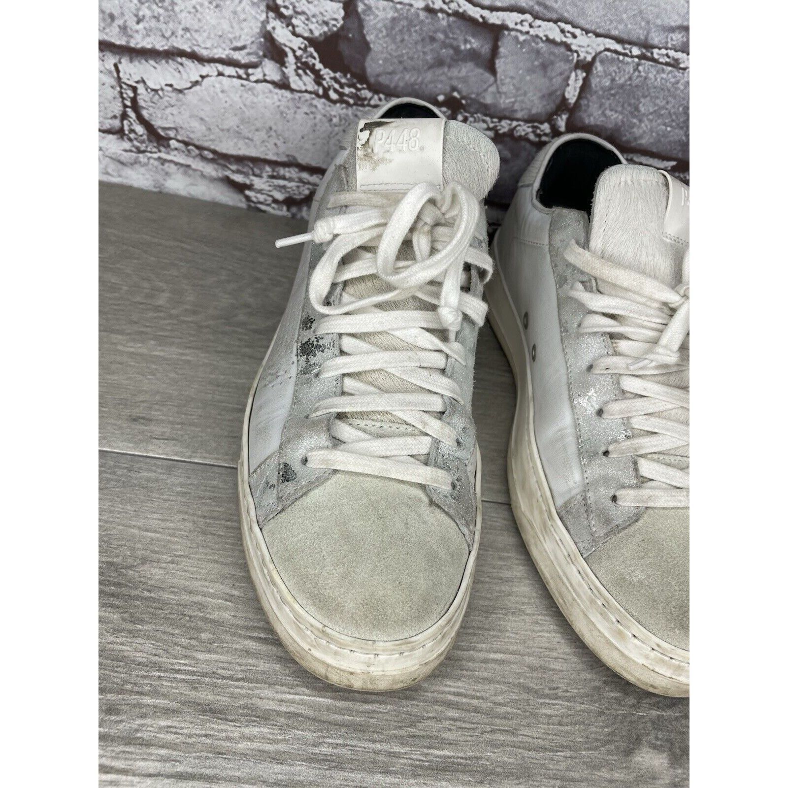 P448 P448 White Leather Gray Suede Silver Glitter Low Top Sneaker Size US 9.5 / IT 39.5 - 4 Thumbnail