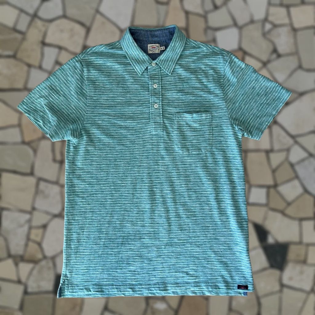 Faherty Faherty Cloud Polo Shirt Men’s Medium Aqua Green Striped Pocket Short Sleeve Size US M / EU 48-50 / 2 - 1 Thumbnail