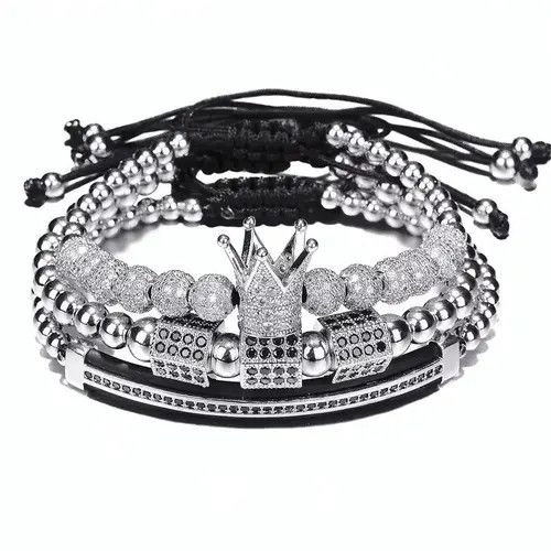 Jewelry 3pcs Silver Bead + Crown Bracelet + Zircon Stone Size ONE SIZE - 1 Thumbnail