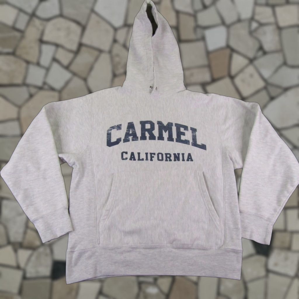 VINTAGE Champion Hoodie Mens Small Gray Reverse Weave Carmel California Pullover