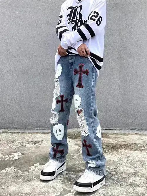 Japanese Brand × Jean High street heavy embroidered ripped straight jeans Size US 32 / EU 48 - 2 Thumbnail
