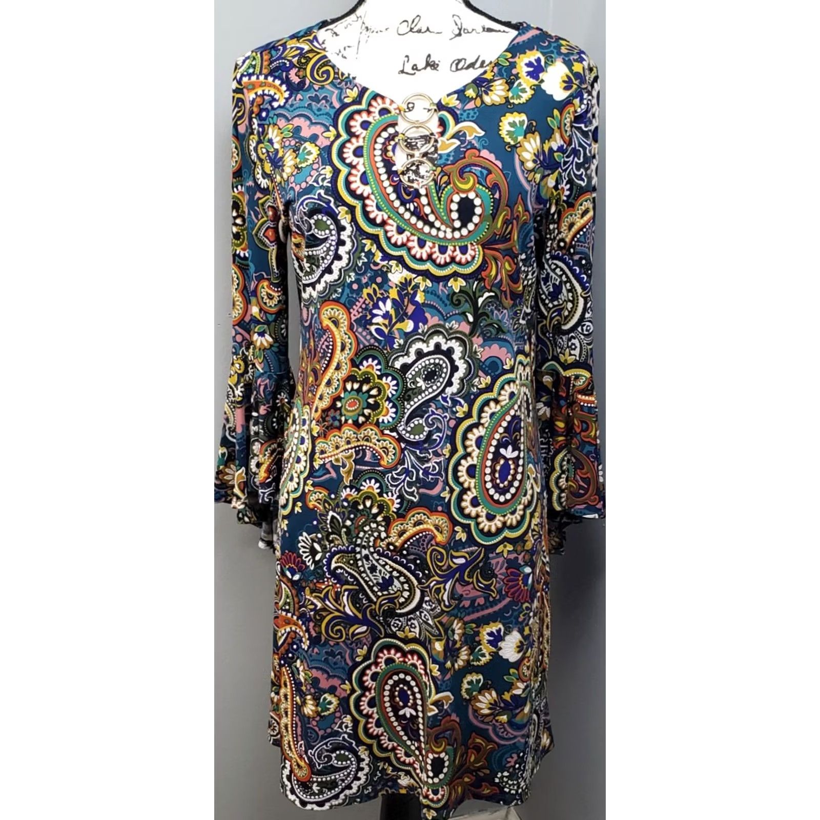 Vintage MSK Womens Dress Size M Multi Paisley Stretch Bell Sleeve O-Ring Detail Dress Size M / US 6-8 / IT 42-44 - 2 Thumbnail