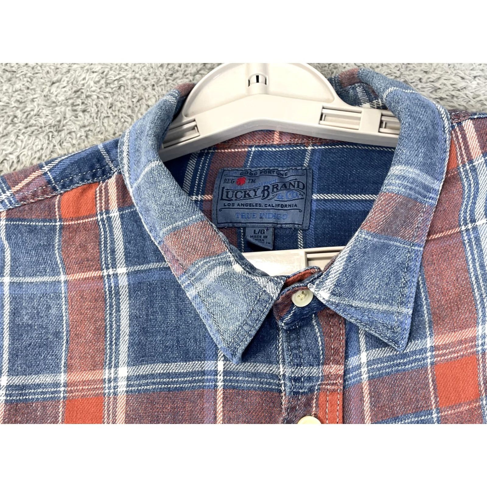 Lucky Brand VINTAGE Lucky Brand Shirt Mens Large Blue Orange Plaid Flannel True Indigo 7MD41343 Size US L / EU 52-54 / 3 - 2 Thumbnail