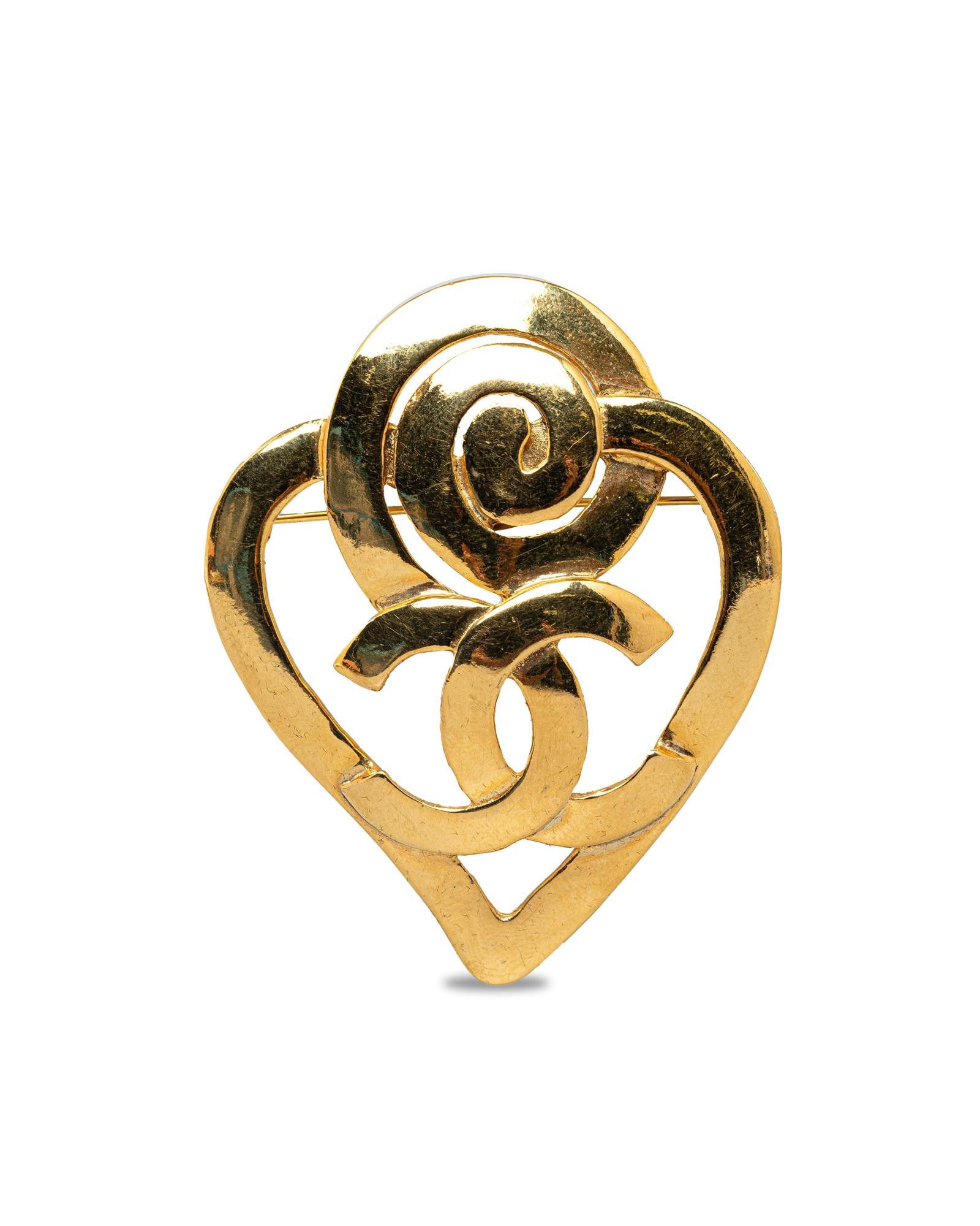 image of Chanel Gold-Tone Heart Brooch With Back Pin Closure, Women's
