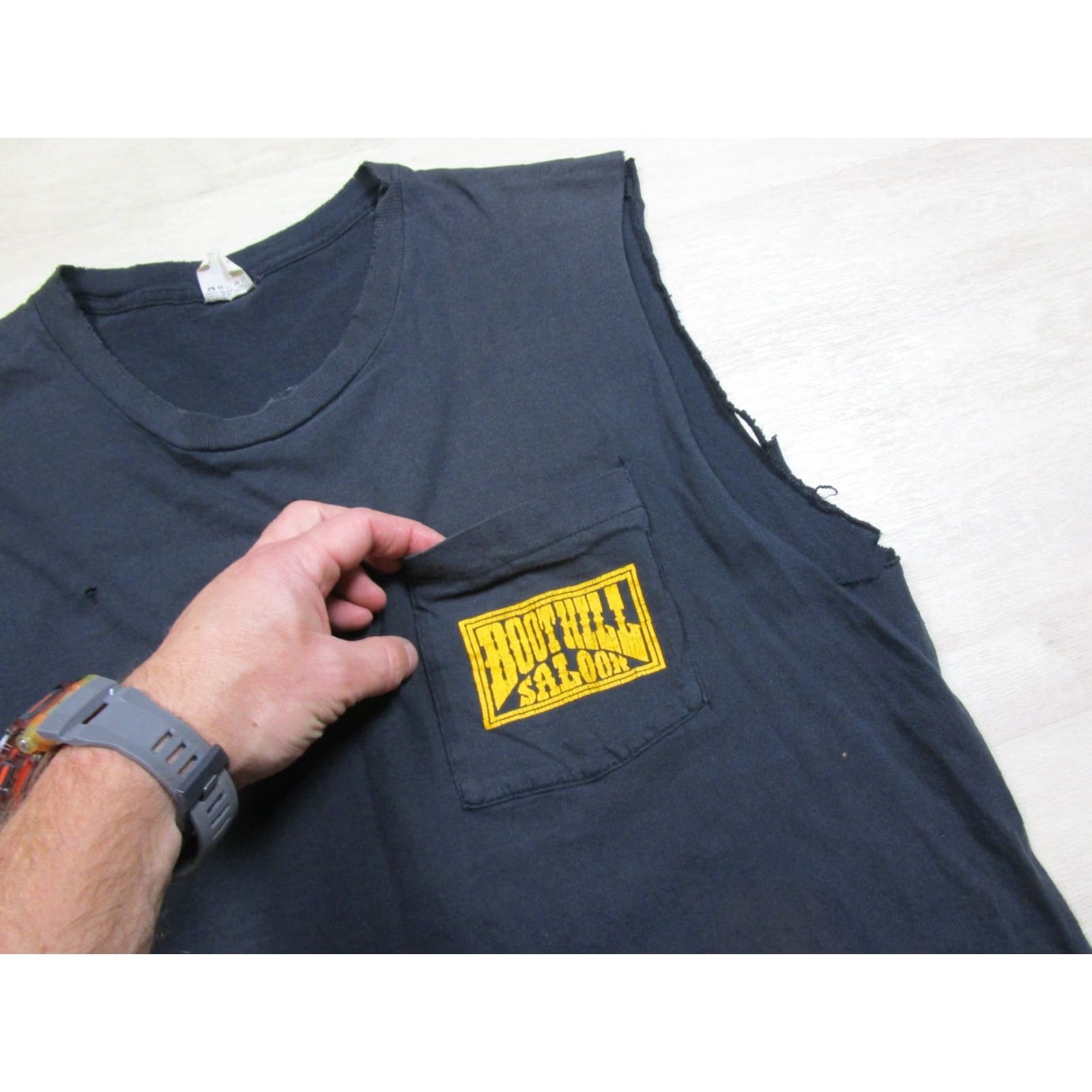 VINTAGE Boothill Saloon Daytona Beach 90s Graphic Pocket T Shirt (L) Motorcycle Shirt Men Black Cotton