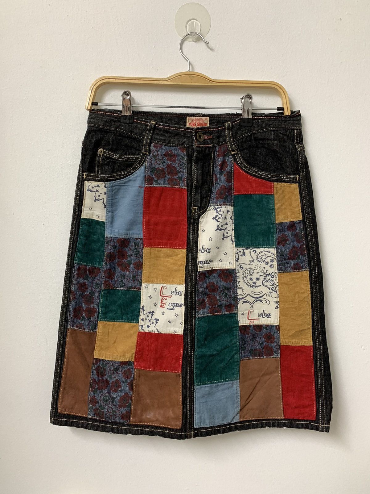 Image of Vintage Cube Sugar Patch Work Skirt in Blue Denim, Women's (Size 31)