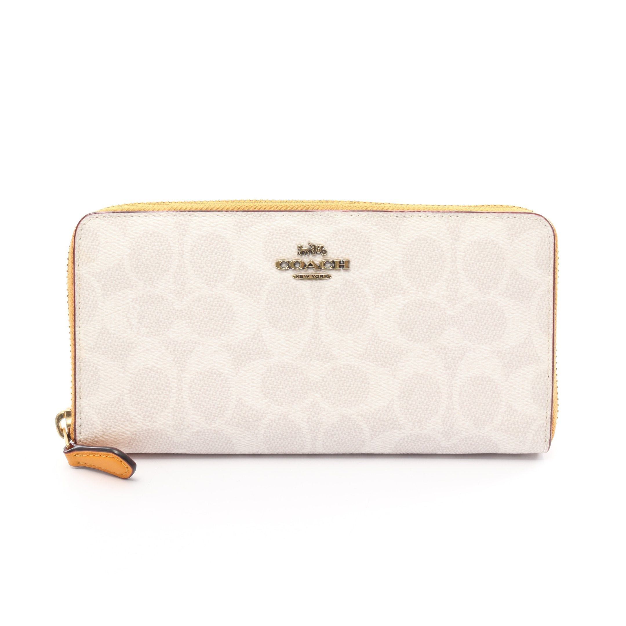 image of Coach Signature Round Zipper Long Wallet Pvc Leather White Yellow, Women's