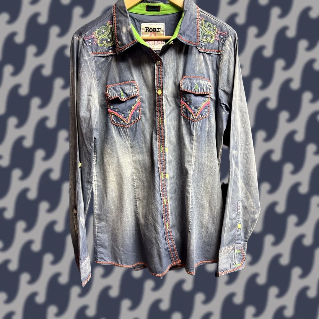 Roar VINTAGE Roar Destined To Womens XL PNK/GRN Acid Wash Button Shirt Rhinestone Embellished Size M / US 6-8 / IT 42-44 - 1 Thumbnail