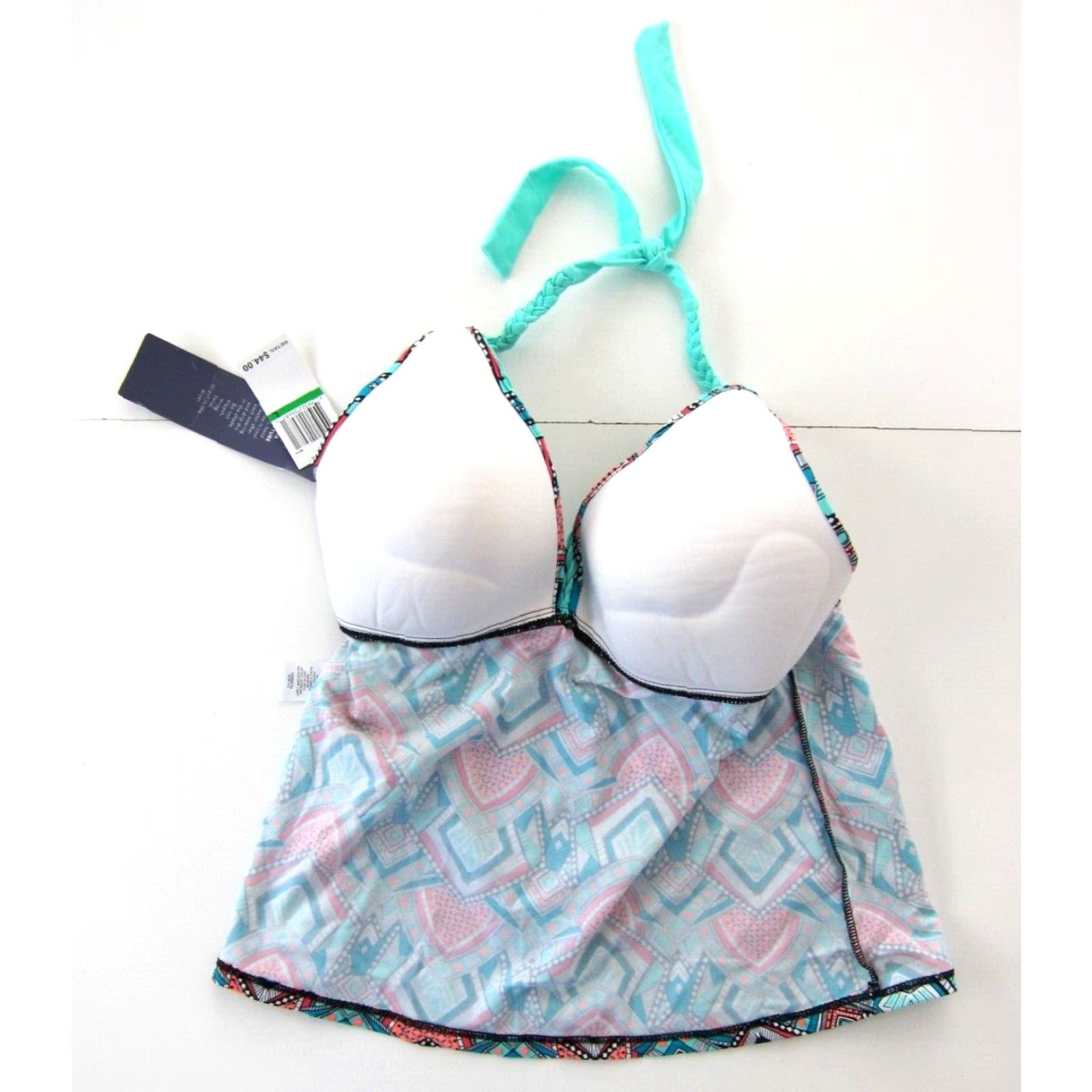 AQUA NWT Aqua Couture Geometric Tankini Top L Built In Bra Halter Swim Blue Black Orange Women Size ONE SIZE - 5 Thumbnail