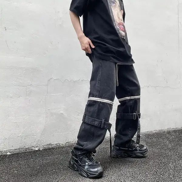 image of Jean Retro Detachable Zipper Wide Leg Cargo Pants in Black, Men's (Size 30)