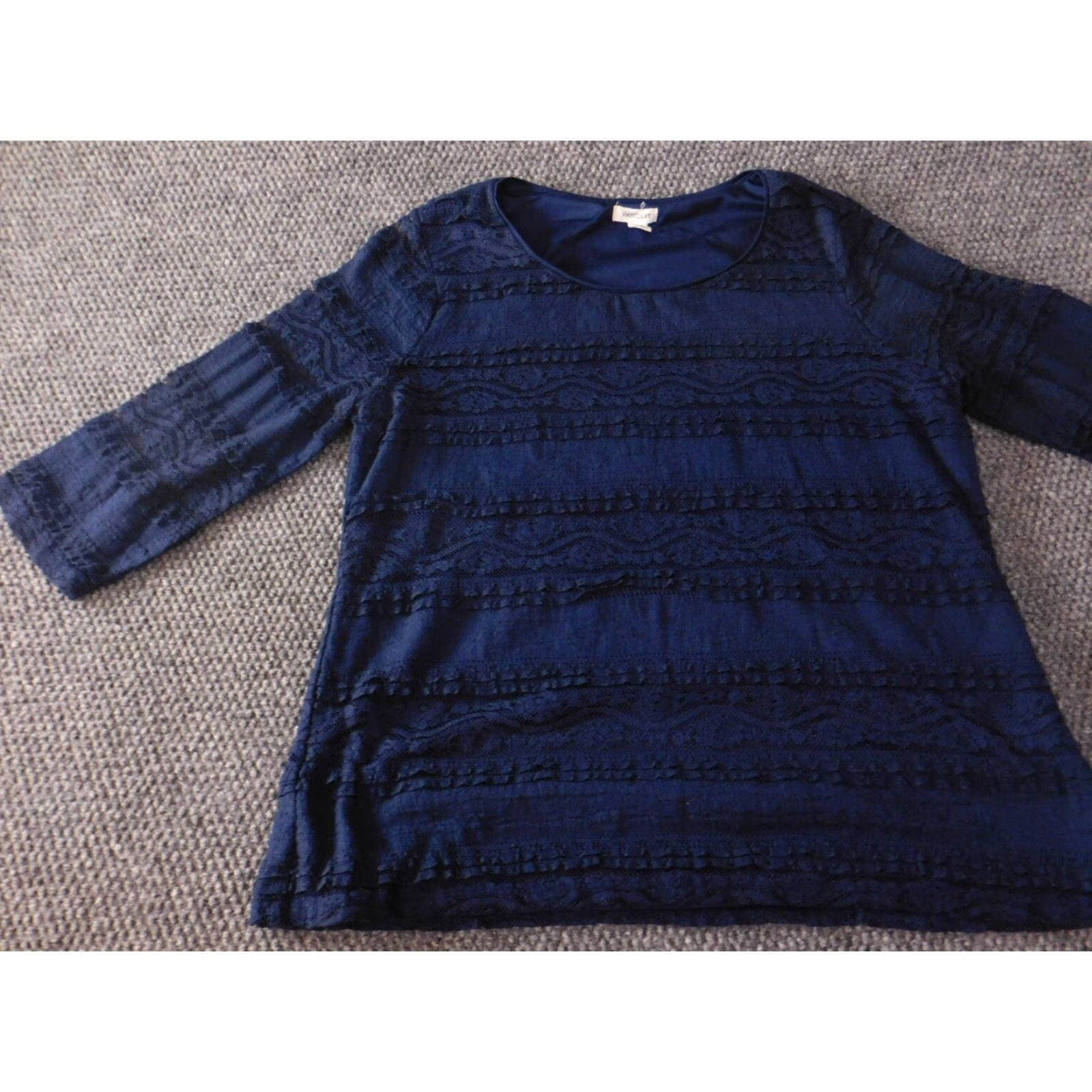 Vintage Westport Womens Blouse L Blue Crew Neck Pullover Stretch Ruffles Short to Long Sleeve Casual Top Size L / US 10 / IT 46 - 3 Thumbnail