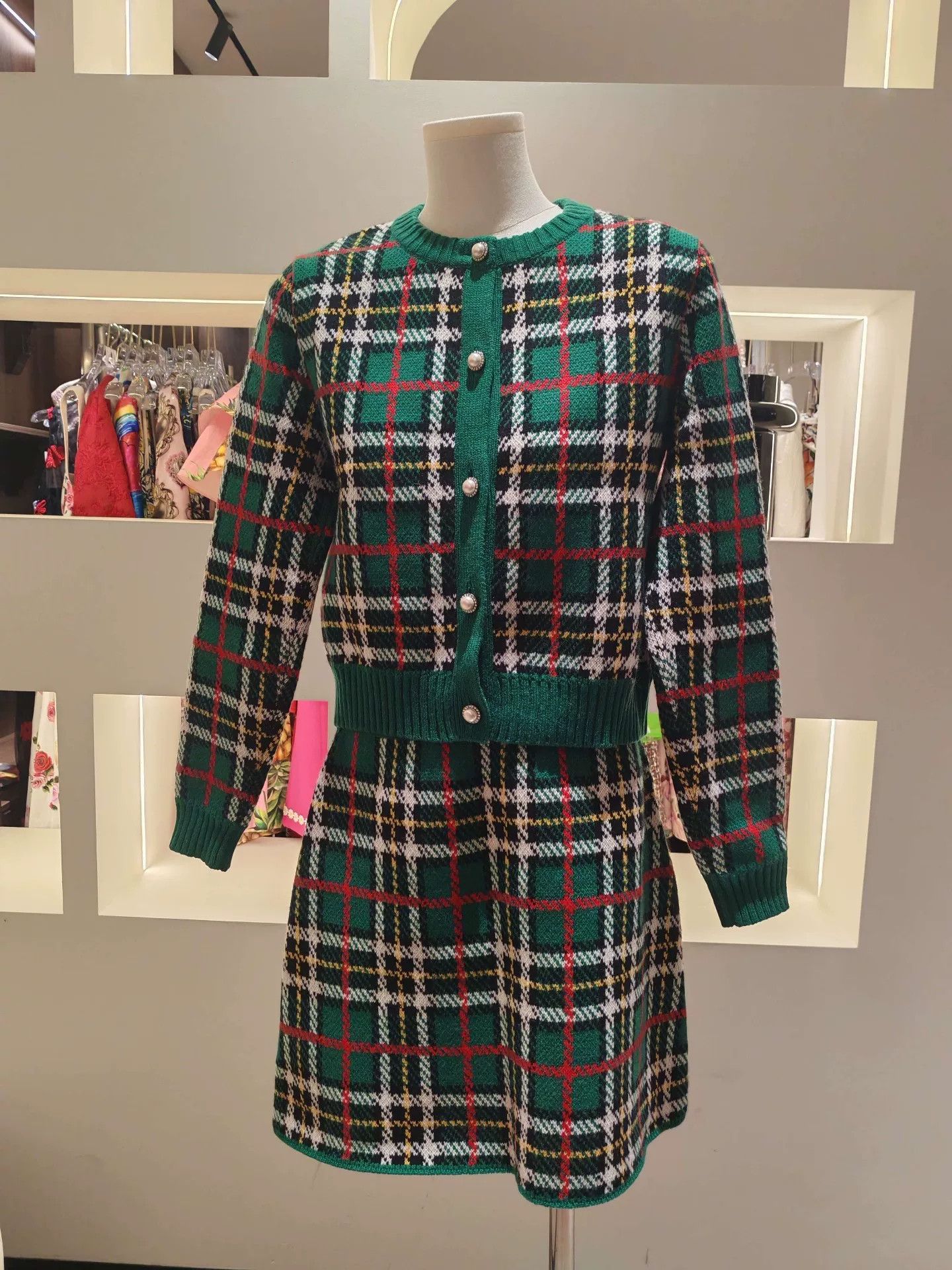 Miu Miu Miu Miu Green Checkered Knit Suit Size M / US 6-8 / IT 42-44 - 1 Thumbnail