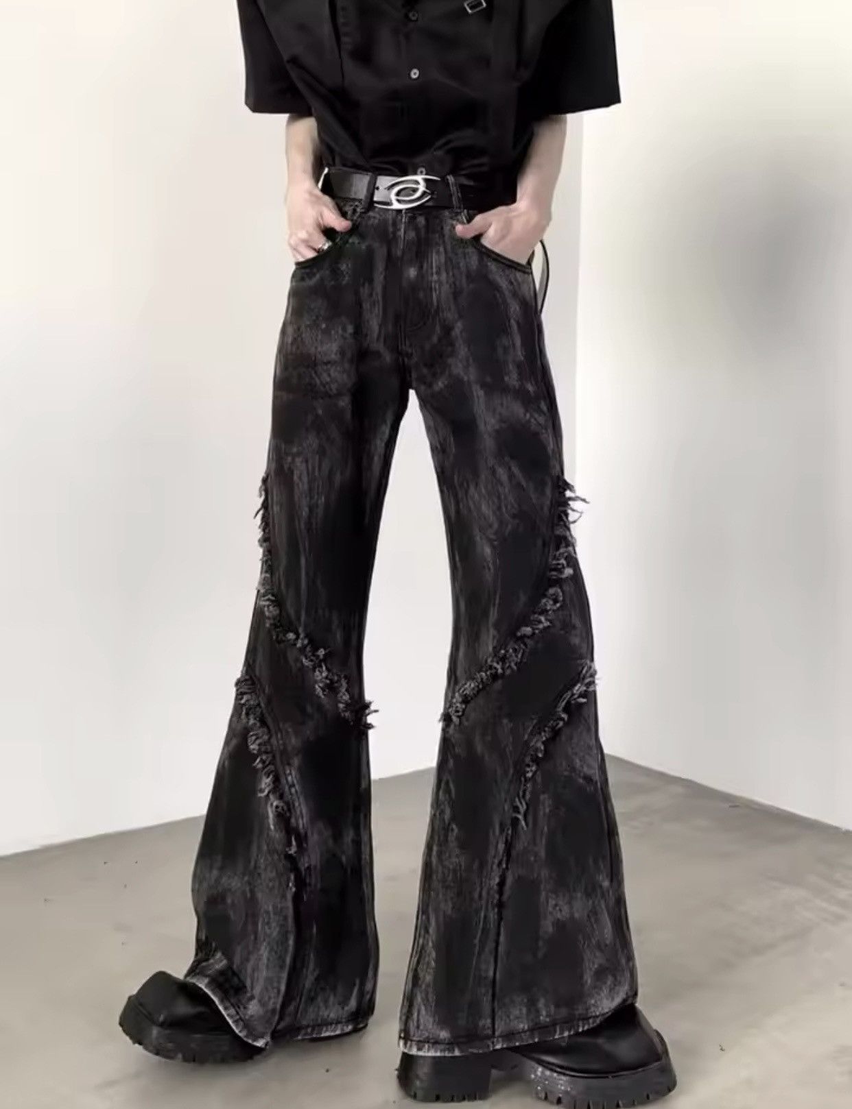Denime × Jean Ropa Y2K Streetwear Washed Black Baggy Stacked Flare Jeans Size US 32 / EU 48 - 3 Thumbnail