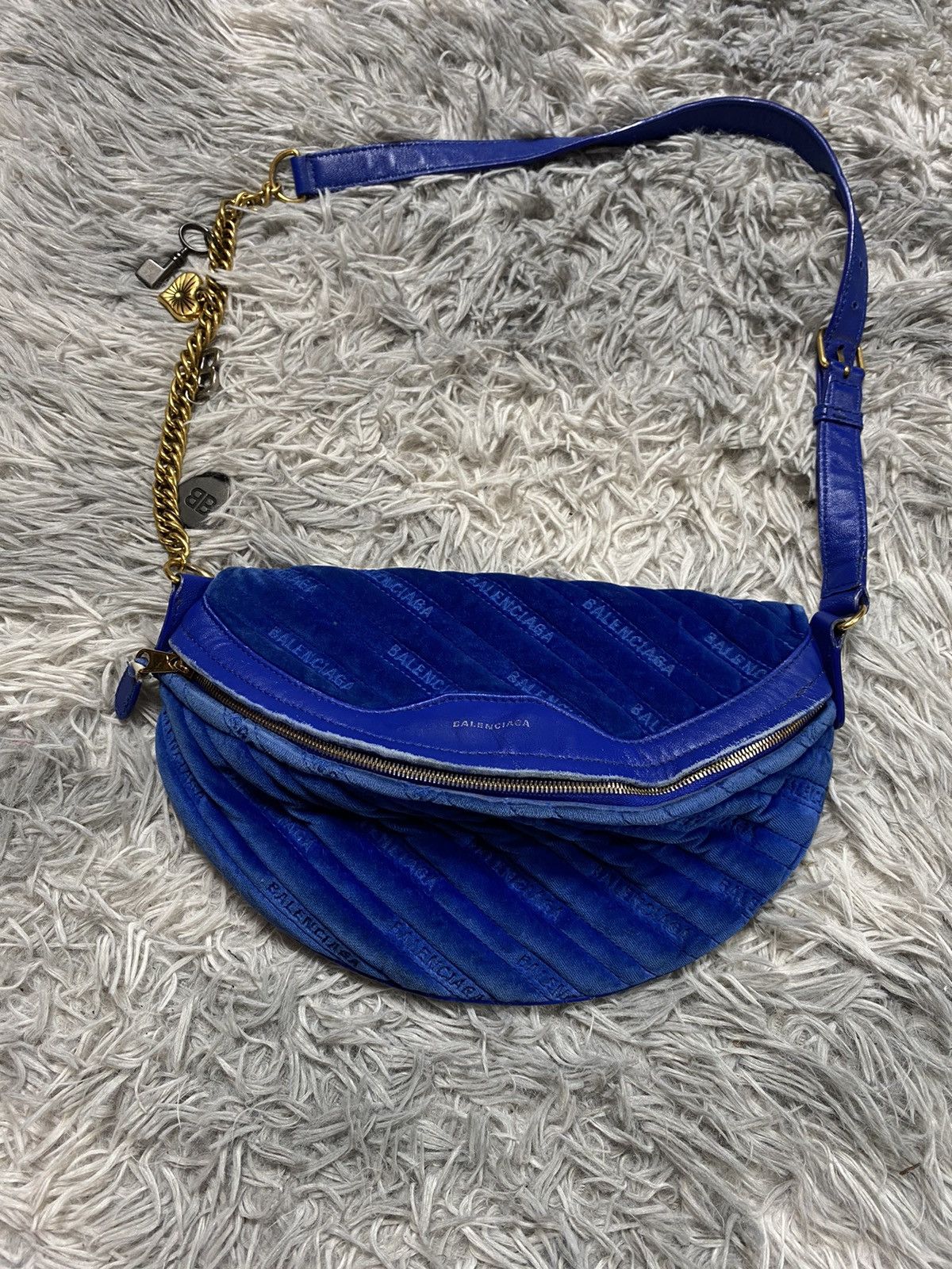 Balenciaga Blue Velvet Belt Bag with Chain — Iconic Style