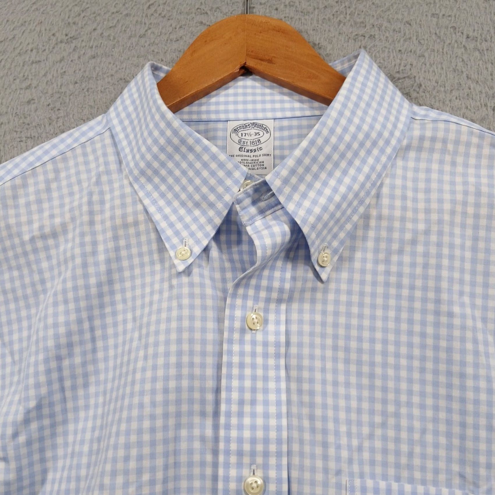 Brooks Brothers Brooks Brothers Dress Shirt Gingham 17.5 35 Blue Non-Iron Supima Classic Fit Button-Down Collar EUC Mens Shirt Size 48R - 4 Thumbnail